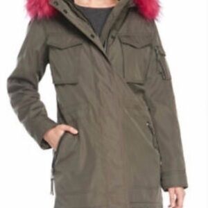 Stylish Olive Utility Jacket with Pink Fur Trim